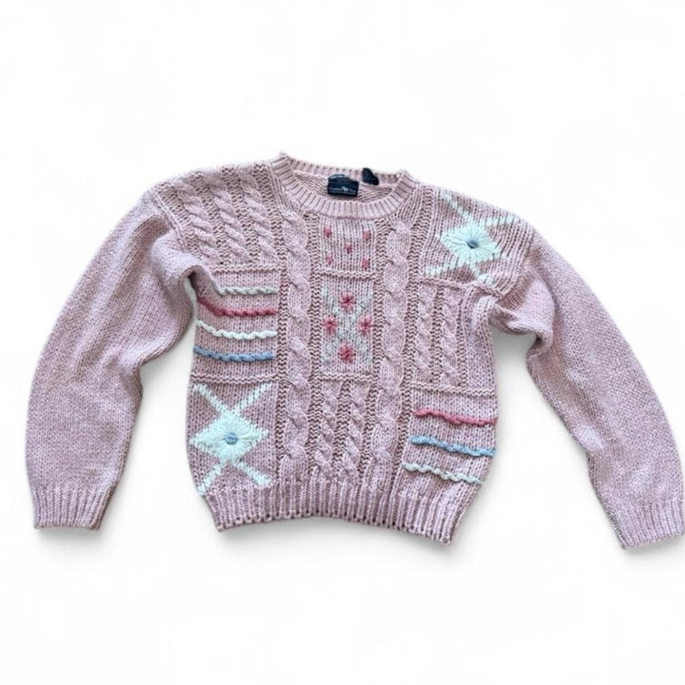 Vintage Hunters Run Hand Knit Sweater Pink Floral Cable Knit Ramie Cotton - Picture 7 of 8